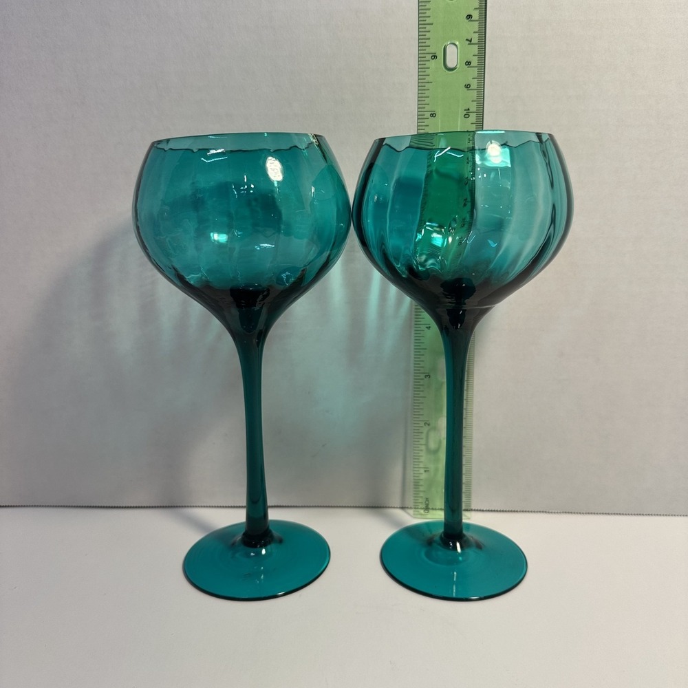 Vintage MCM Empoli Italian Teal Optic Ribbed Glass Goblets Pair 1960s